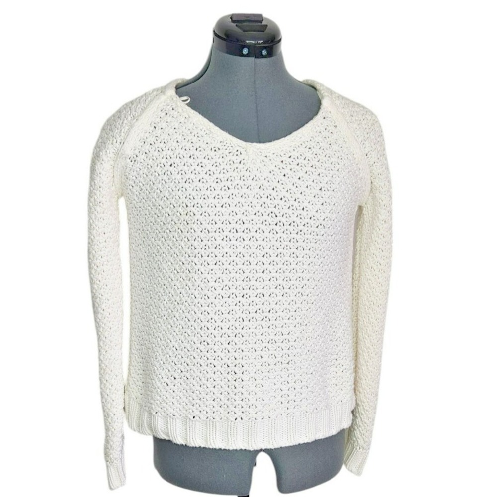 Zara Knit Cream Pointelle Split Back‎ Sweater Scoop Neck Ivory Small - Picture 2 of 5